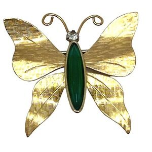 Vintage‎ Krementz Butterfly Brooch Gold Tone Faux Jade Green White Crystal